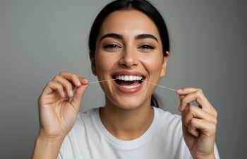A smiling woman in a white t-shirt looks at the camera while flossing her upper teeth against a gray background.