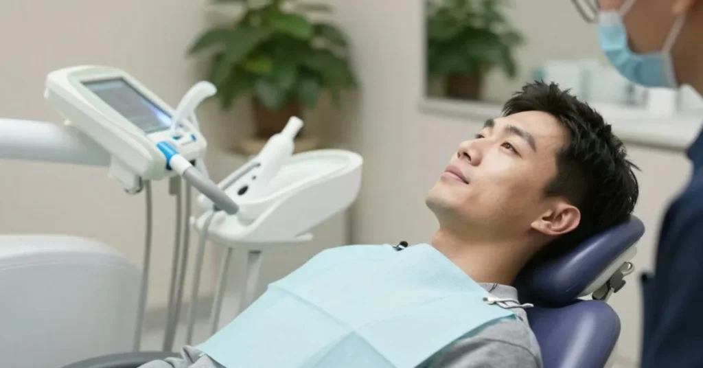 Calm patient resting in dental chair before sedation dentistry procedure