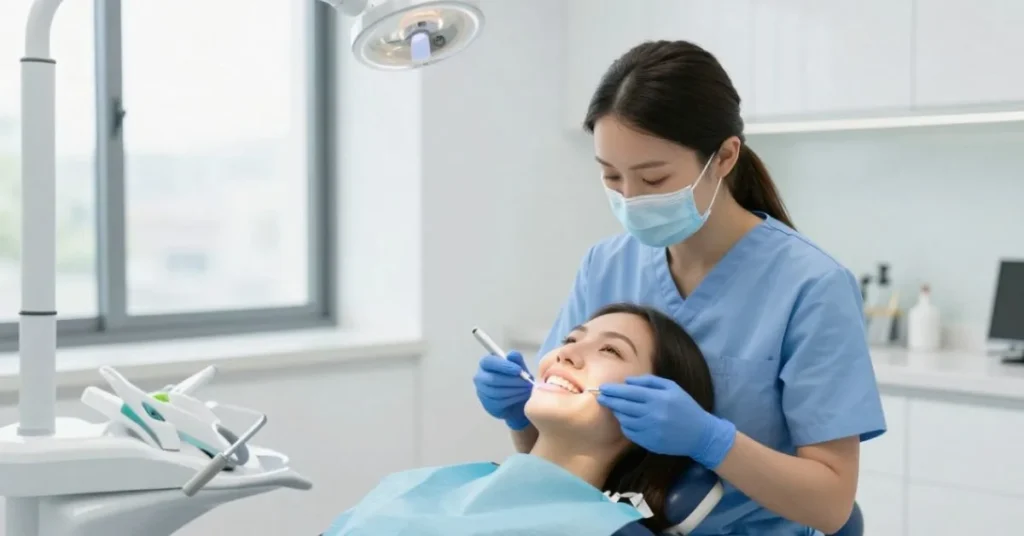 Dentist performing teeth whitening procedure on smiling patient in clinic