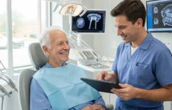 Senior patient with dentist reviewing dental implants in clinic