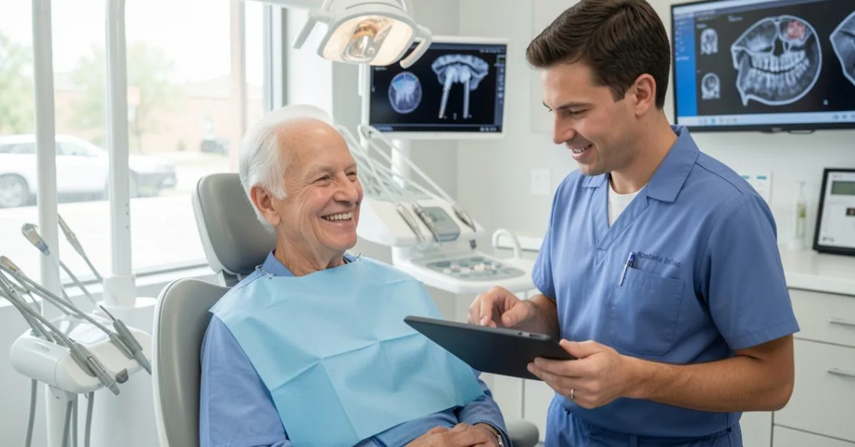 Senior patient with dentist reviewing dental implants in clinic