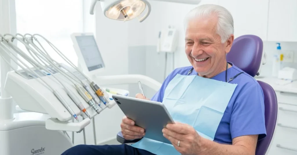 Happy senior using tablet after dental implant treatment